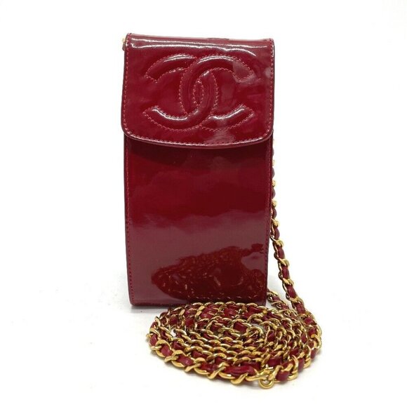 CHANEL Chain Pochette Pouch Shoulder Bag Patent Leather Red x GoldHardware - Picture 1 of 13